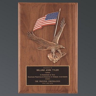 Genuine American Walnut Rectangle with Detailed Eagle with American Flag, 8"x10-1/2"