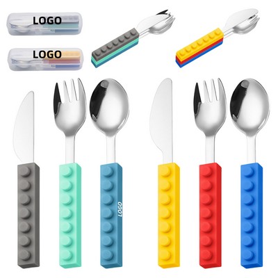 3 Piece Building Blocks Silicone Handle Kids' Tableware Set
