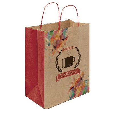 Multi-Sided Full Color Natural Shopper Paper Bag - Red Handle (8.25 x 10.25 x 5)
