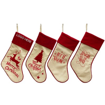 Burlap Embroidered Christmas Stocking Gift bag Decorative Ornament