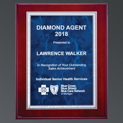 Rosewood Piano Rectangle, Sapphire Blue Marble Aluminum Plate w/Silver Florentine, Medium (8"x10")