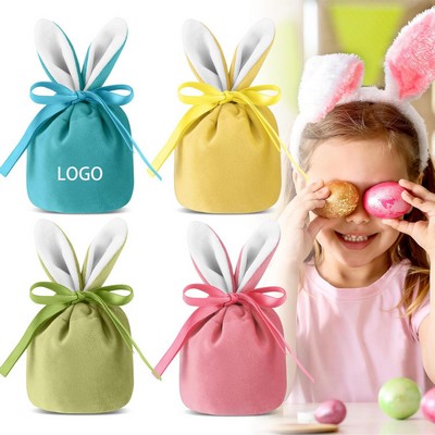 Easter Bunny Velvet Gift Bag with Rabbit Ears for Candy and Eggs