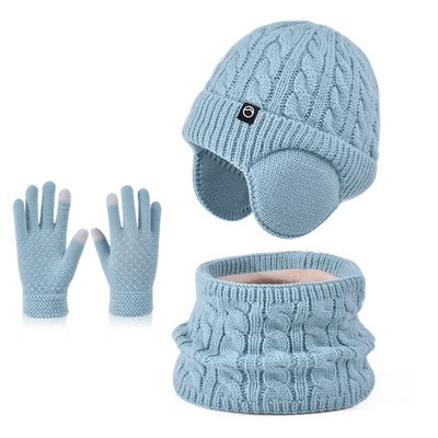 Kids' Winter Warmth 3pcs Set Fleece Lined Knitted Beanie Scarf & Gloves