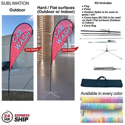 24H Express Ship- 12' Medium Tear Drop Flag Kit, Full Color Graphics One Side, Outdoor & Indoor base