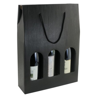 Heavy Duty Black Three Bottle Wine Carrier w/Windows & Rope Handles