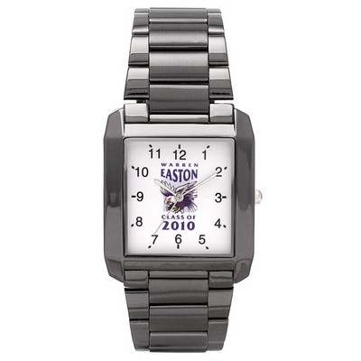 Sleek gun metal plated bracelet watch, matching bands with fold-over buckle, Japan quartz movement.