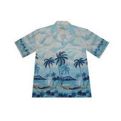 Blue Hawaiian Shirt - 100% Cotton Poplin Tropical Print w/ Coconut Buttons (S - 3XL in-stock)