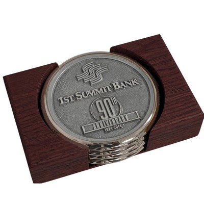 Nickel Plated Boardroom Coaster w/ Pewter Insert - Set of 4 w/ Holder