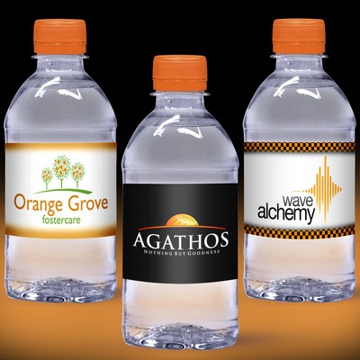12 Oz. Custom Label Water w/Orange Flat Cap - Clear Bottle