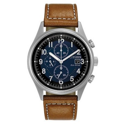 Citizen® Men's Chandler Eco-Drive Watch W/ Distressed Brown Strap & Blue Dial