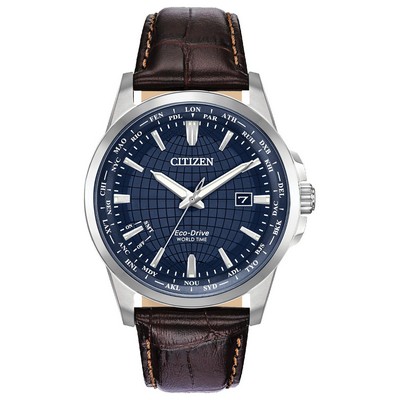 Citizen® Men's Eco-Drive World Time Watch W/ Brown Leather Strap & Blue Dial