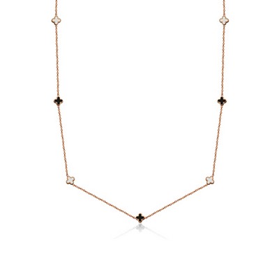 CJ Steelx IP Rose Clover Station Stainless Steel Necklaces with Black and White Enamel