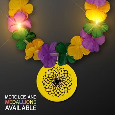 Mardi Gras Lei Light Up Flower Necklace with Yellow Medallion - PRINTED