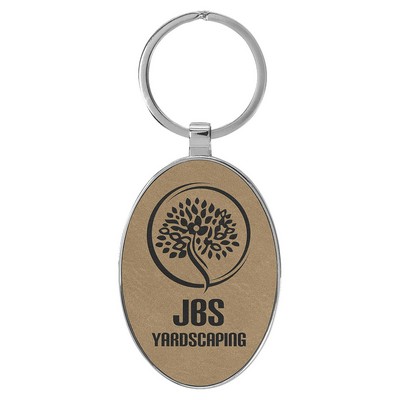 Oval Keychain with Metal Edges, Laserable Leatherette, 3" x 1-3/4"