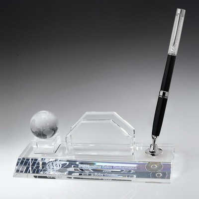 Black Ballpoint Globe Pen Set, Desktop Award w/Business Card Holder