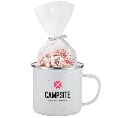 Promo Revolution - 16 Oz. Specked Camping Mug Gift Set w/White Choco. Pretzels w/Crushed Peppermint