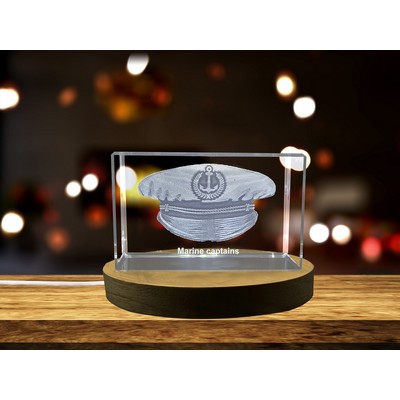 A Captain's Command Cap 3D Engraved Crystal Trophy Award w/LED Base - Nautical Elegance