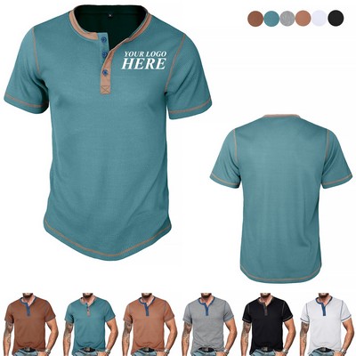 Summer Retro Henley Waffle Knit T-shirt