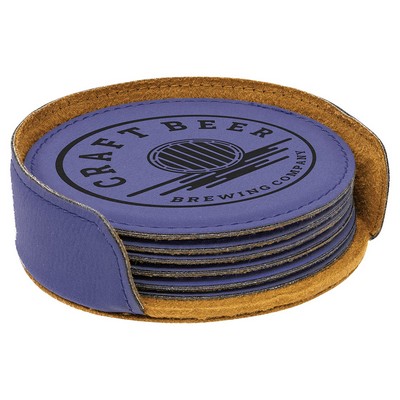 Round Coaster Set with 6 pcs, Pueplw Faux Leather, Engraved, 4" Dia