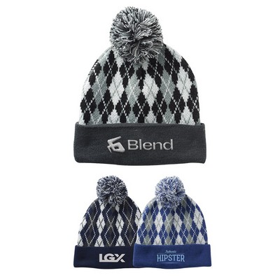 Diamond Knit Beanie with Pompom & Cuff