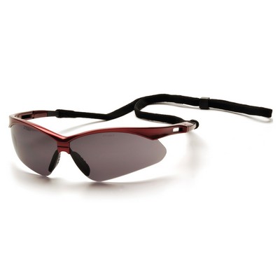 PMXTREME Safety Glasses, Red Frame with Gray Lens and Cord
