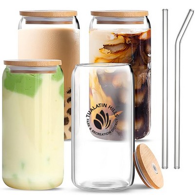 16oz Beer Can Shaped Glasses With Glass Straw & Bamboo Lid