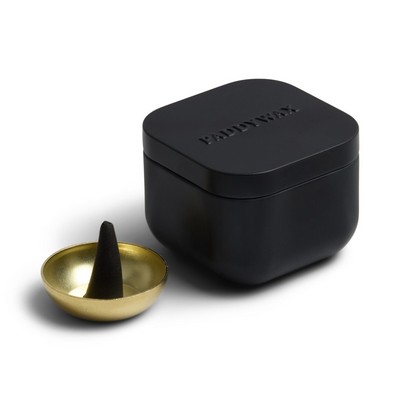Black Cubed Metal Tin Incense W/ 20 Incense Cones + Incense Cone Holder