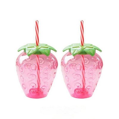 16OZ PET Strawberry Shaped Cup Bottle Mug with Lid and Straw