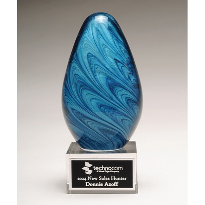 Blue/Green Egg-Shaped Art Glass on Clear Base, 6-1/4"H