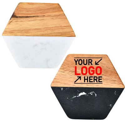 Hexagon Marble Acacia Wood Coaster