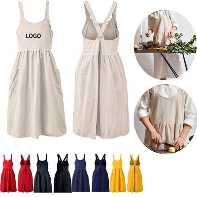 Cotton Linen Cross Back Apron with Pockets for Women