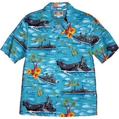 Turquoise Hawaiian Tropical Military Print Shirt - Navy Ships Circa WWii - IN STOCK SiZES: S-3XL