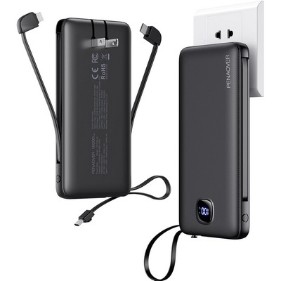 10000mAh Portable Charger with Built-in Cables & AC Wall Plug, 22.5W Fast Charging Power Bank