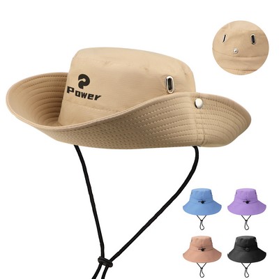 Polyester Cowboy Hat Wide Brim Sun Bucket Hat W/ Chin Strap