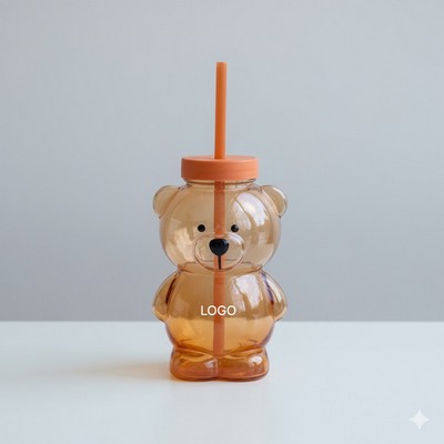 Bear Cartoon Straw Cup Heat Resistant Glass and PET Drink Cup