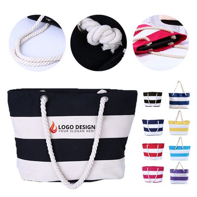 Striped Canvas Tote Bag with Rope Handles