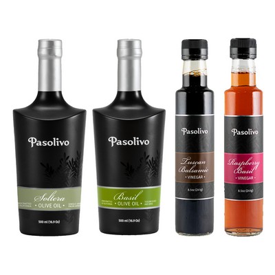 Soltera Extra Virgin Olive Oil, Basil Olive Oil, Tuscan Balsamic & Raspberry Basil Vinegar