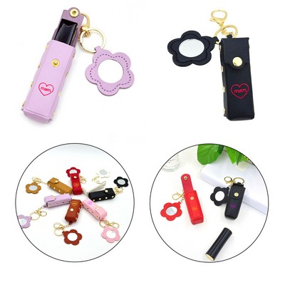 PU Leather Potable Lipstick Keychain With Mirror