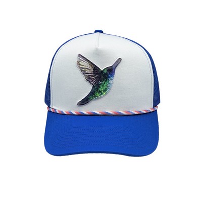 Premium 5-Panel Trucker Hat - Hybrid Embroidery & Print Hummingbird Logo
