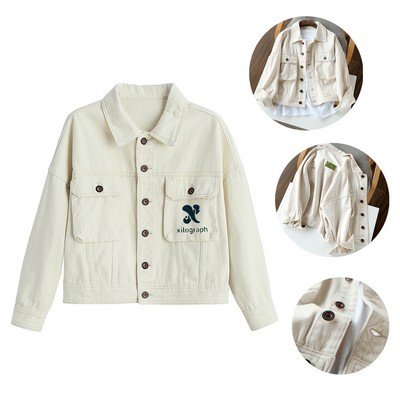 Beige White Women's Cropped Denim Jacket