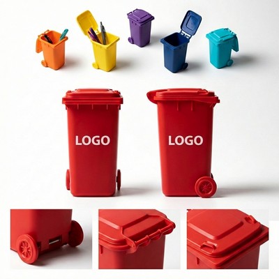 Mini Desktop Trash Can with Lid and Rotatable Wheels, Also a Colorful Pen Holder
