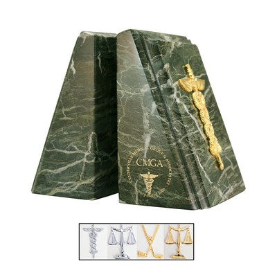 Jade Leaf Green Tapered Marble Book Ends with Doctor Emblem & Fancy Bevel