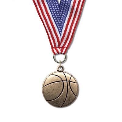 Basketball Cast CX Medal w/Grosgrain Neck Ribbon (1 1/8")