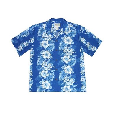 Navy Hawaiian Shirt (S - 3XL in-stock) - 100% Cotton Poplin Tropical Print w/ Coconut Buttons