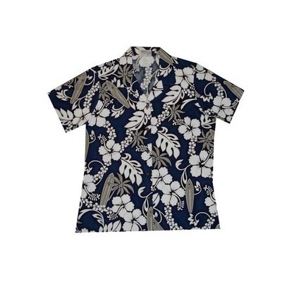 Ladies Navy Hawaiian Cotton Poplin Shirt w/Button Front & Short Sleeves