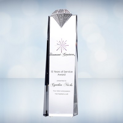 10 1/4" Color Imprinted Luxury Diamond Tower Optical Crystal Award w/ Metal Diamond