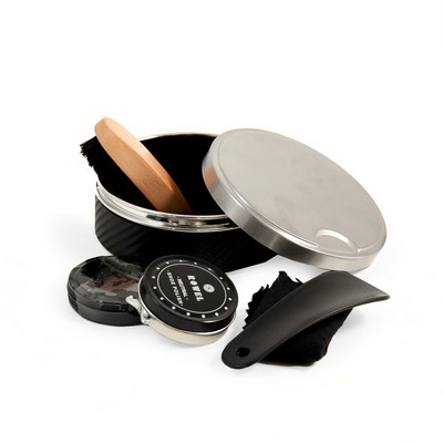 5" 1 Shoe Shine Kit, Stainless & Black Genuine Leather Case