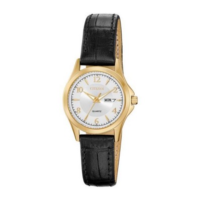 Citizen® Ladies' Quartz Watch w/Black Leather Strap & Silver Dial