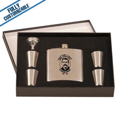6 Oz. Stainless Steel Flask Set w/4 Shots & Black Gift Box