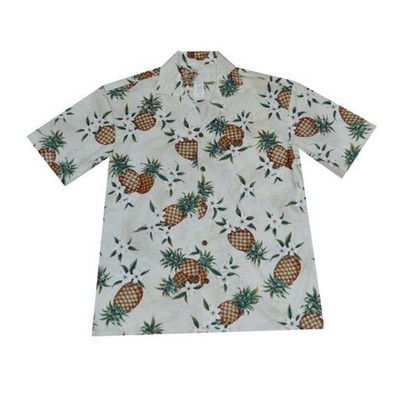 White Hawaiian Shirt (S - 3XL in-stock) - 100% Cotton Poplin Tropical Print w/ Coconut Buttons